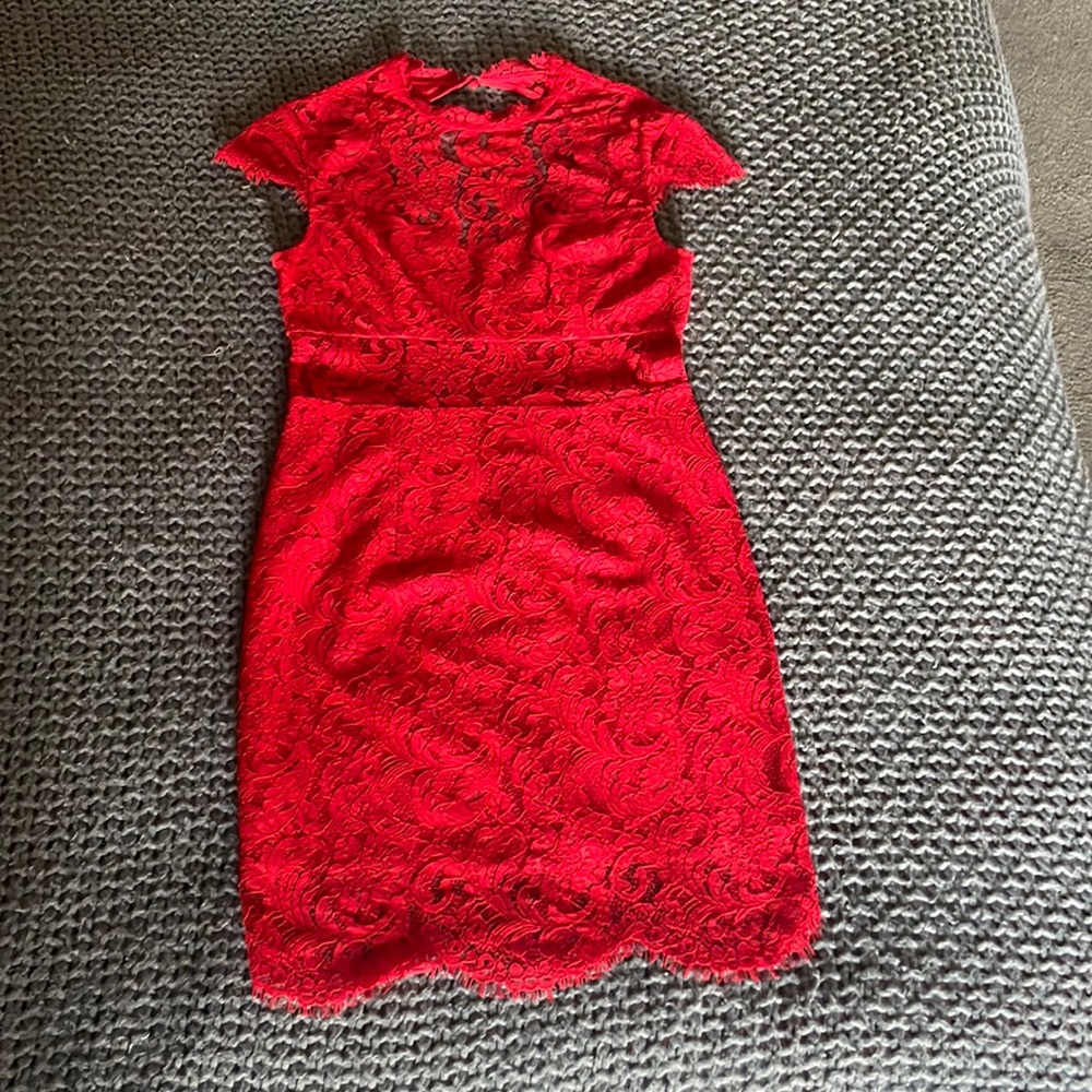 Red lace tight fitting dress with cut out design on back